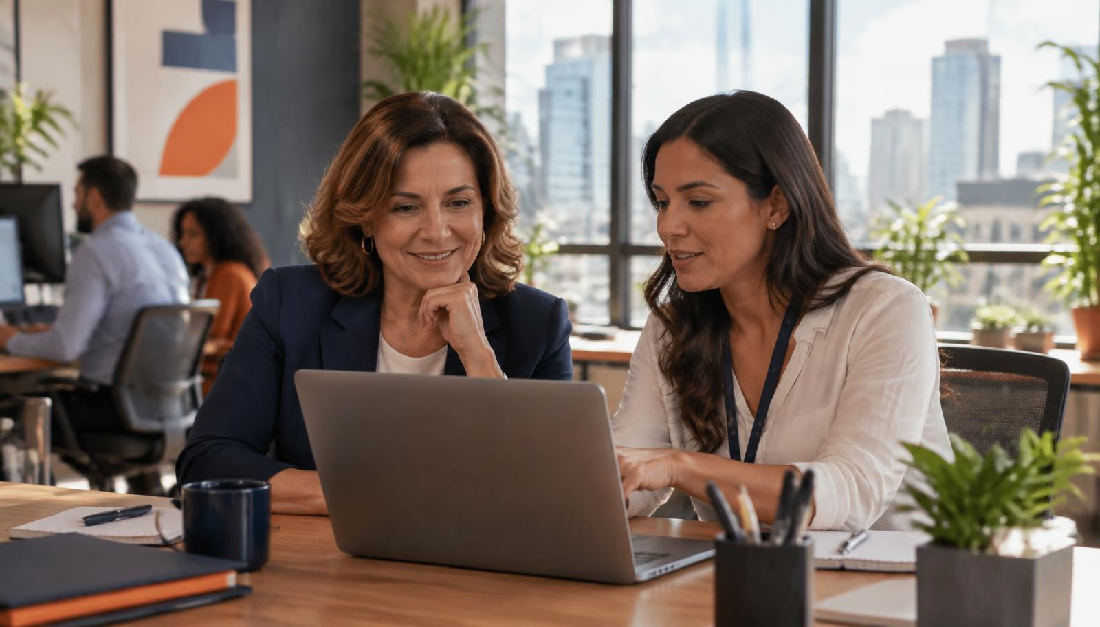 Empresária e gestora de RH comparando opções de plano de saúde empresarial em um notebook
