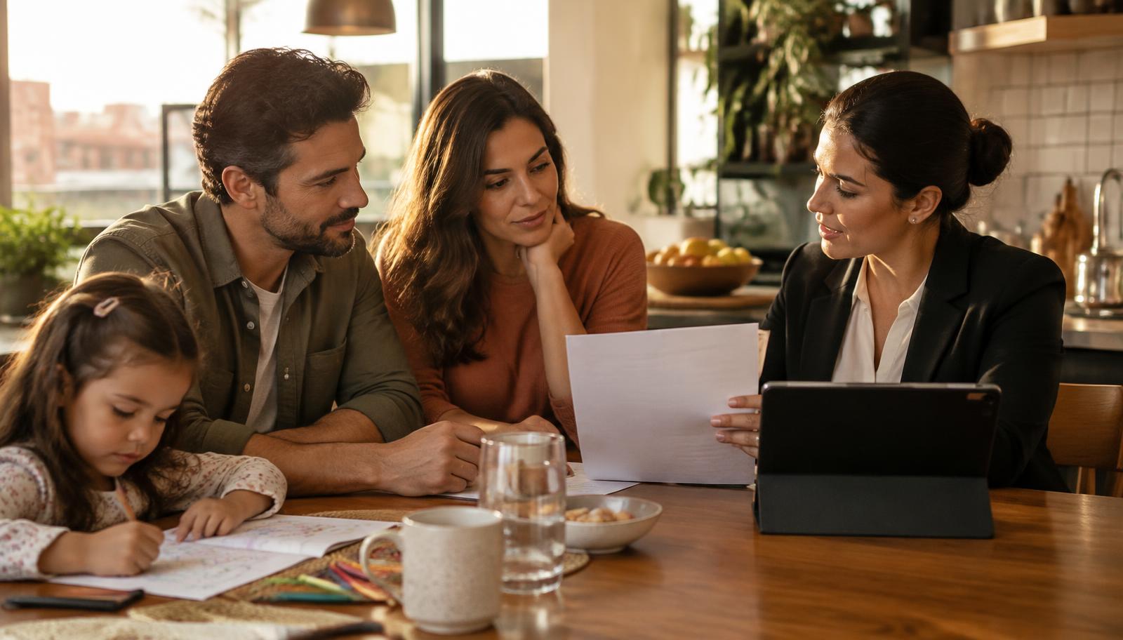 Casal conversando com consultora sobre seguro de vida na mesa da cozinha enquanto a filha desenha