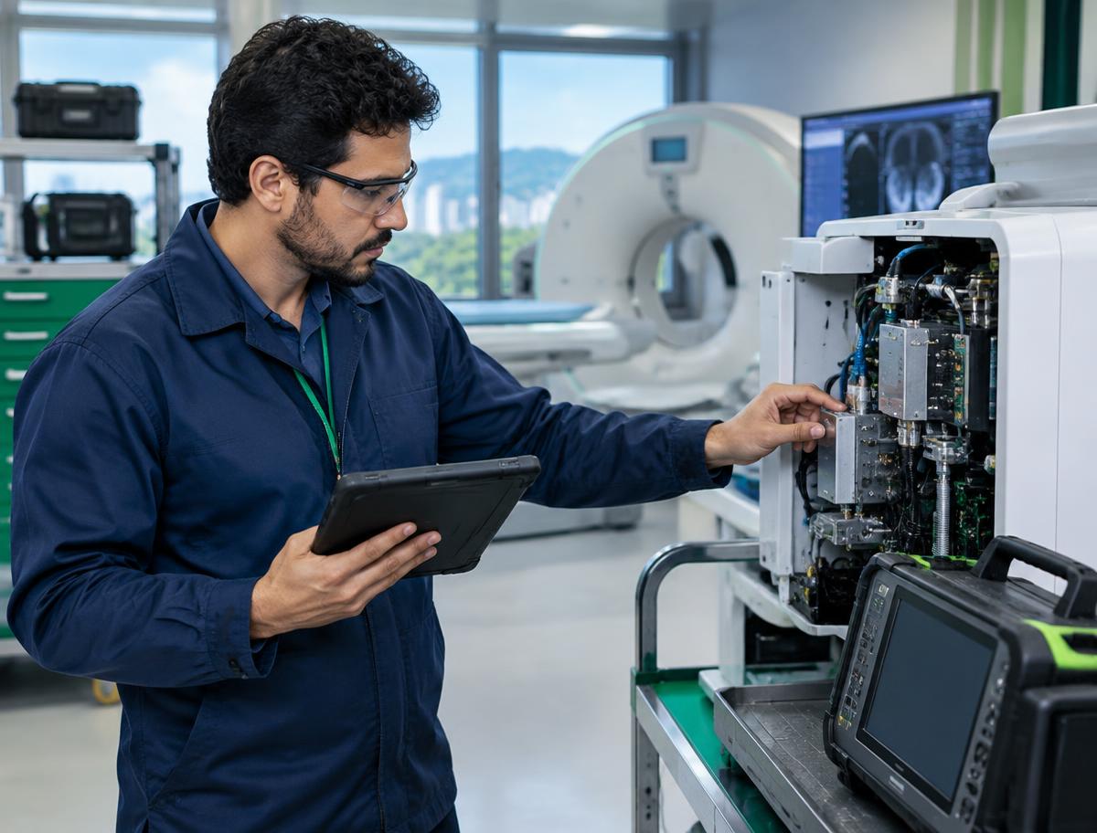 Engenheiro inspecionando equipamento médico especializado