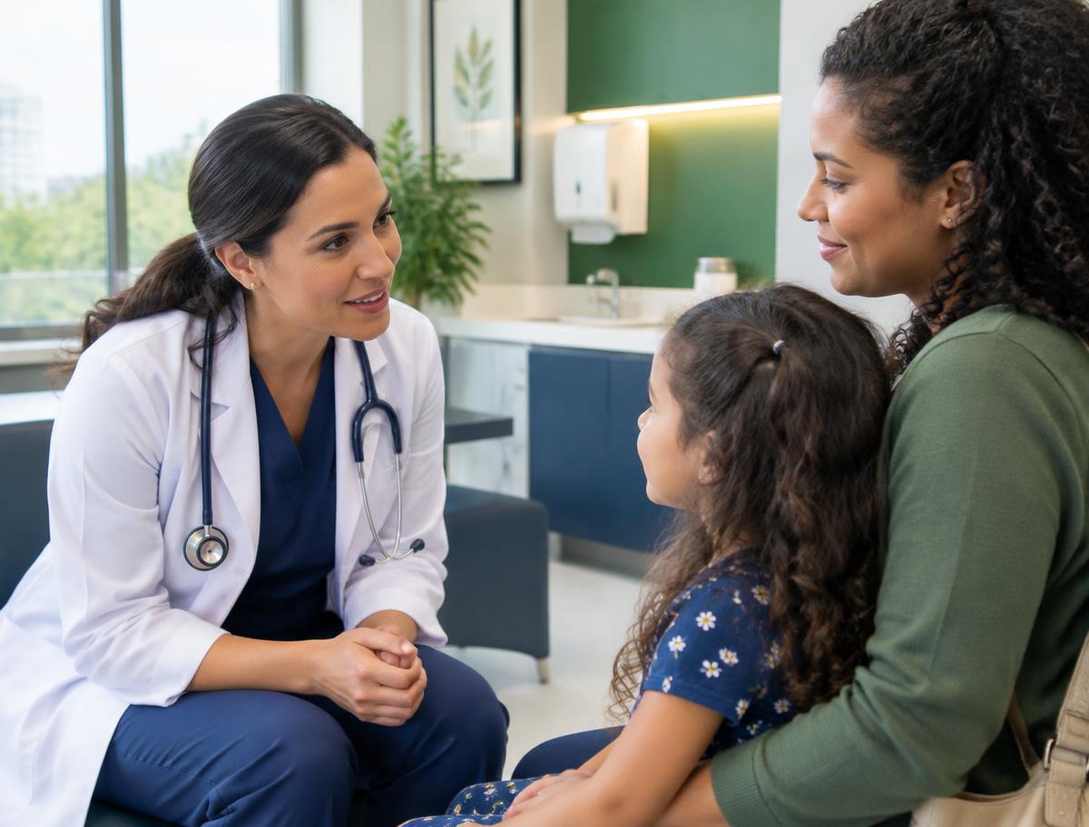 Médica conversando com mãe e filha em uma clínica