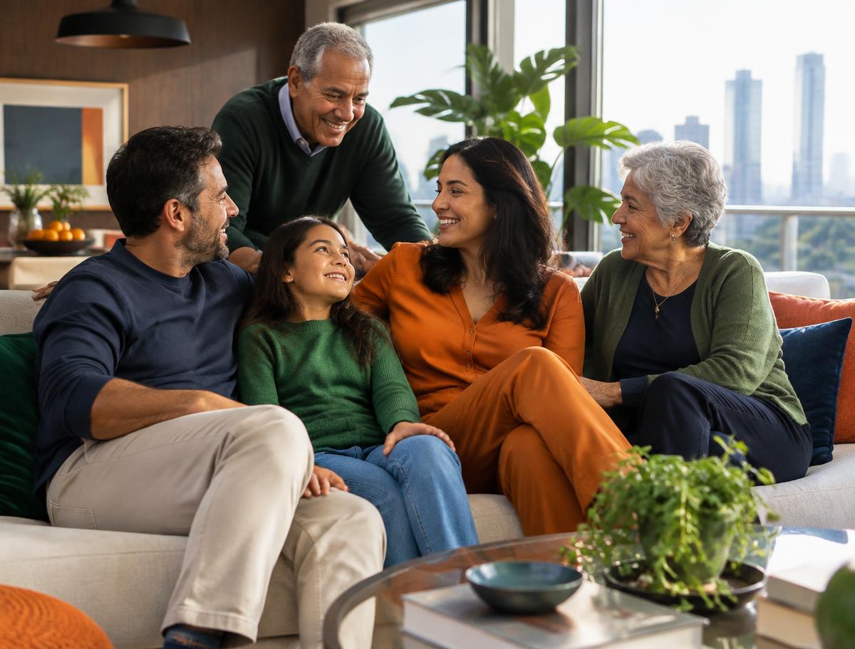 Família brasileira reunida planejando o futuro
