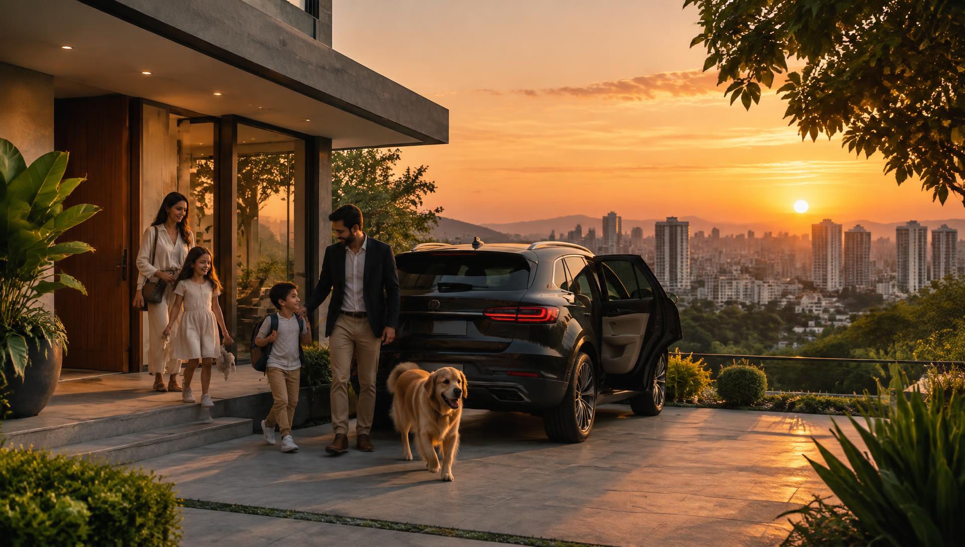 Família chegando em casa ao pôr do sol